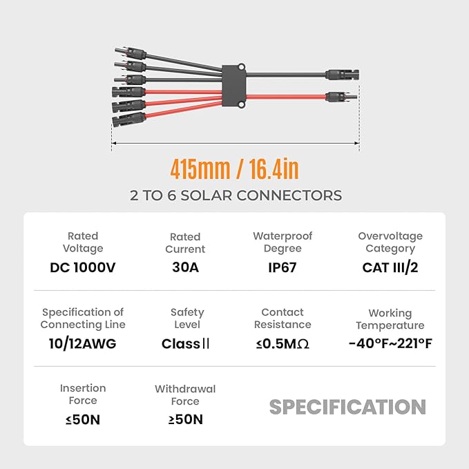 Solar Panel Connector 6 to 2 Solar Y Branch Connectors PV Panels Parallel Connectors Kit Adapter Waterproof Wire Plug Tool for Solar Panel(2 Pcak MF/FFFMMM)