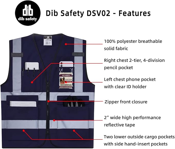 Dib Safety Reflective Vest ANSI Class 2, High Visibility Vest with Pockets and Zipper, Construction Work, Hi Vis