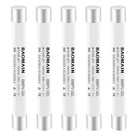 Baomain 5-Pack gPV Solar PV Fuse 20A 1500V DC, 10x85mm, 50kA Breaking Capacity, CE Listed for Photovoltaic Systems, Combiner Boxes (20 Amp.)