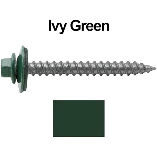 Metal ROOFING SCREWS: (250)12 x 2" IVY GREEN Hex ReGrip Sheet Metal Roof Screw. Sharp Point metal to wood siding screws. 5/8" EPDM washer.