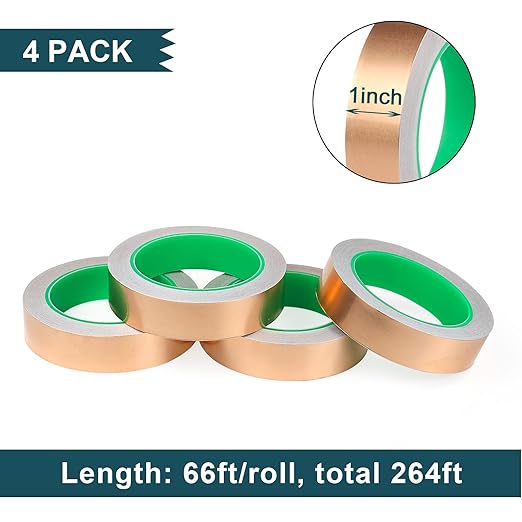 BOMEI PACK Copper Foil Tape 4 Pack 1.97mil x 1inch x 66ft with Conductive Adhesive for Guitar and Crafts, Soldering, Stained Glass, Electrical Repairs, Grounding