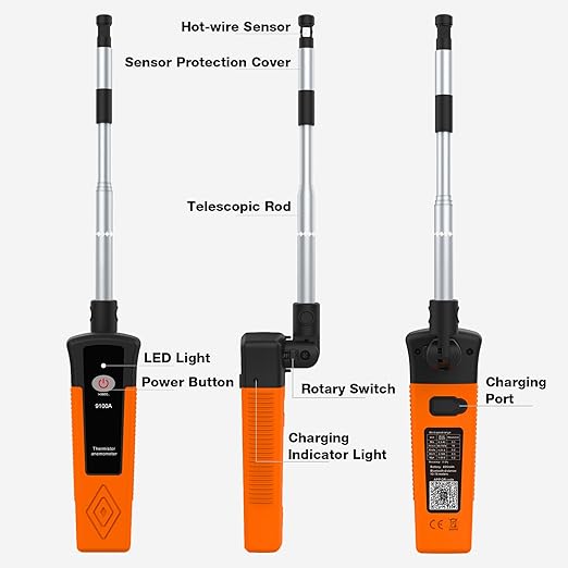 Hot Wire Anemometer Handheld CFM/CMM Air Flow Meter Wind Speed Gauge Measures 0-40m/s, 0-999900CFM with Bluetooth & App Operation, Thermal Anemometer for Max/Min, Data Hold