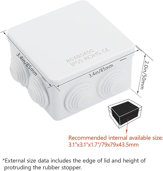LeMotech ABS Plastic Dustproof Water Resistant IP55 Junction Box Universal Electrical Project Enclosure White 3.4 x 3.4 x 2 inch (85 x 85 x 50 mm)