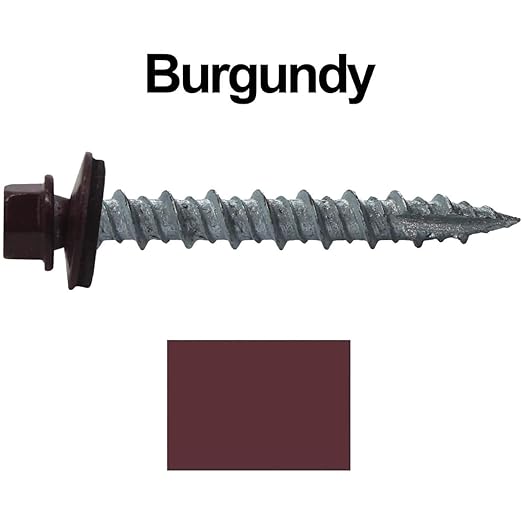 Metal ROOFING SCREWS: (250) 10 x 1-1/2" Burgundy Hex Head Sheet Metal Roof Screw. Self starting metal to wood siding screws. EPDM washer. Colored head