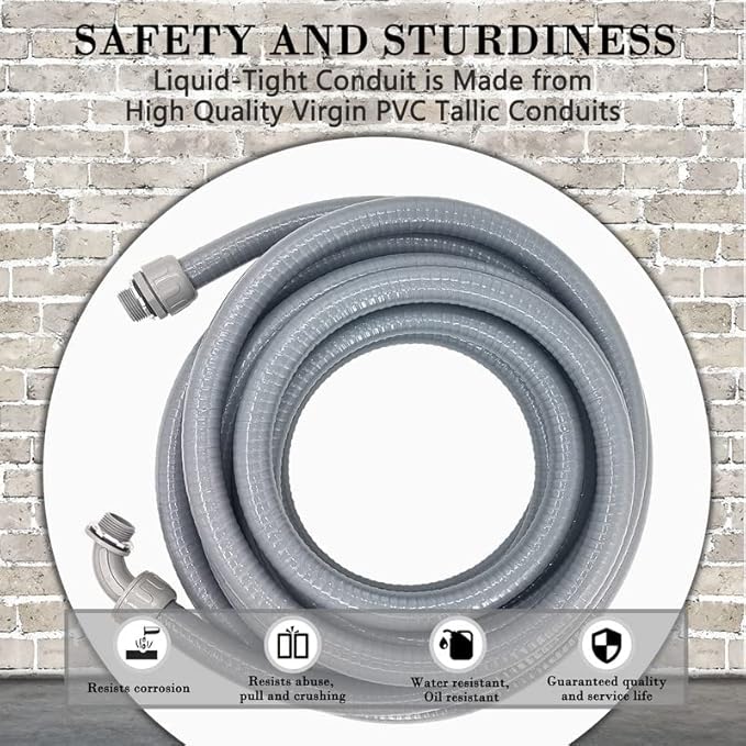 Liquid-Tight Conduit - 1/2inch 75 Foot Flexible Non Metallic Liquid Tight Electrical Conduit Kit, With 6 Straight and 5 90-Degree Conduit Connector Fittings.1/2" Dia
