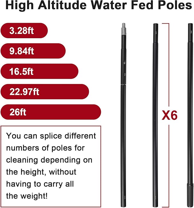 26ft Water Fed Pole Kit, Rotatable Solar Panel Cleaning Brush & Squeegee, 2 Dusting Brushes, Extendable Black Lightweight Pole for Roof Window