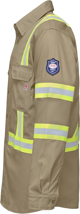 Ubon FR Shirts for Men High Visibility Welding Shirt 100% Cotton Button Down Long Sleeve Safety Workwear 6.5 oz