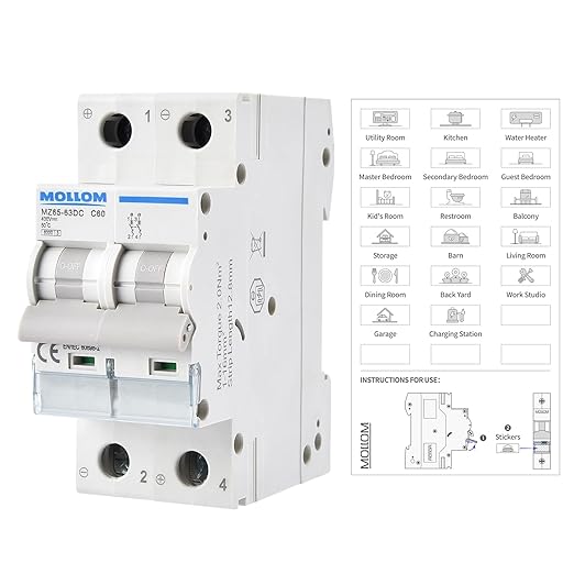 MOLLOM DC 2 Pole Miniature Circuit Breaker,400V 60A, C60 Scene Visualization Custom MCB Thermal Magnetic Trip, 6KA Breaking Capacity DC Disconnect Switch for Solar PV System