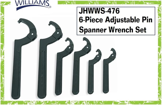 Williams JHWWS-476 6-Piece Adjustable Pin Spanner Wrench Set, Ideal for Adjusting Collars, Lock Nut Rings, and Bearings