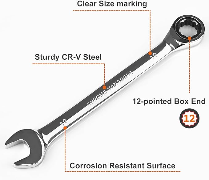 Egofine 8mm Wrench and 10mm Ratchet wrench, Metric Ratcheting Wrench Set, Industrial Grade Gear Spanner with 12 Point Box End, 72-Teeth Ratchet, Chrome Vanadium Steel