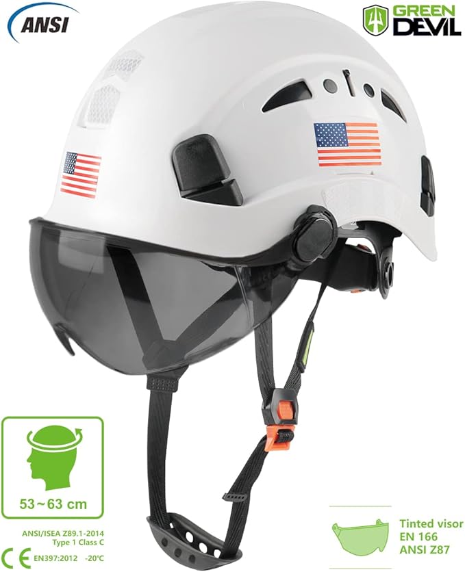 GREEN DEVIL Safety Helmet Hard Hat with Visor Chinstrap Adjustable Lightweight Vented ABS Work Helmet for Men and Women 6-Point Suspension ANSI Z89.1 Approved Ideal for Industrial & Construction