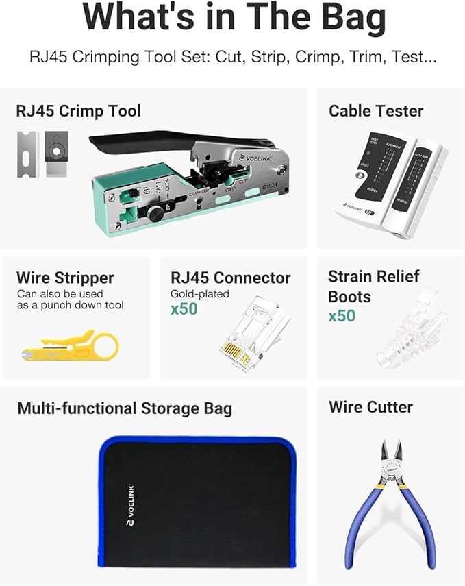 VCELINK RJ45 Crimp Tool Kit for CAT7/6A/6/5E/5, Upgraded Network Tool Set with an Ethernet Crimper, 50 RJ45 Connectors & Boots, Cable Tester, Wire Stripper and Cutter in a Cloth Bag (Kit-Green)