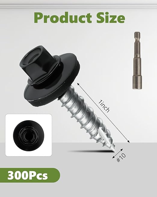 #10 × 1 Inch Black Hex Head Self-Drilling Metal Roofing Screws, 300pcs Zinc Plated Sheet Metal to Wood Siding Screws with Rubber Washers for Metals and Corrugated Roofing Panels
