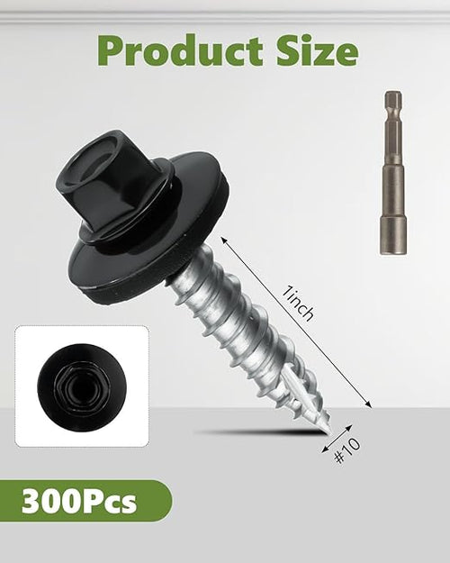 #10 × 1 Inch Black Hex Head Self-Drilling Metal Roofing Screws, 300pcs Zinc Plated Sheet Metal to Wood Siding Screws with Rubber Washers for Metals and Corrugated Roofing Panels