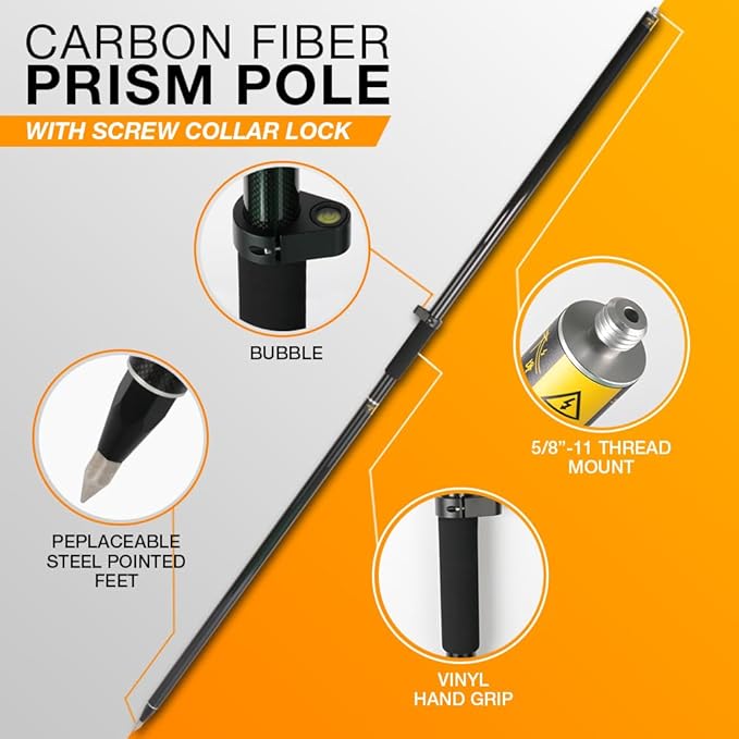 Carbon Fiber 2M 2Section Survey Pole, GPS Rover Rod 6.5FT/2M 2Sections Design for Land Surveying & Engineering – RTK GPS/GNSS Accessory –Includes Level Vial & Carrying Bags (GLS22-B)