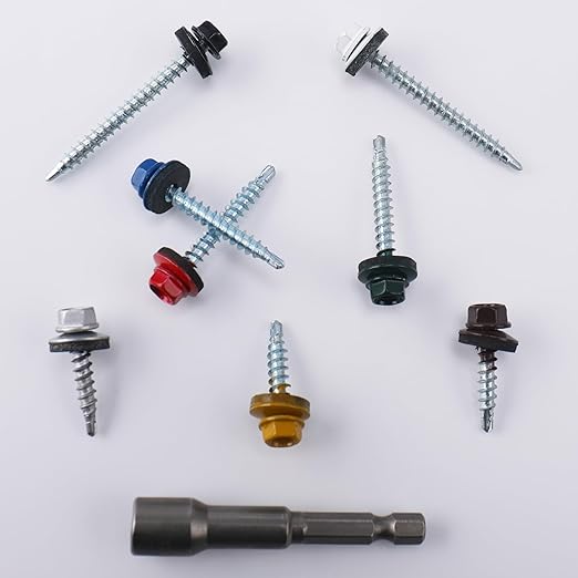 250pcs #10 x 1-1/2" Yellow Hex Head Self-Drilling Metal Roofing Screws, EPDM Washer, Colored Head, Wood Screws, Sheet Metal Roof Screw with Hex Driver Bit (Yellow, 1-1/2 in)