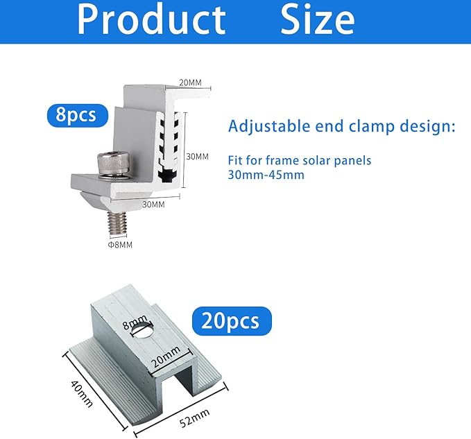Solar Panel Mounting Z Brackets - Adjustable Aluminum Clamps 30-45Mm, 20 Mid and 8 End Clamps for Panels