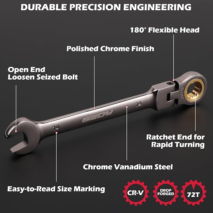 SEDY Premium 12-Piece Metric Flex-Head Ratchet Wrenches Set 8-19mm with Magnetic Organizer, Cr-V Steel Ratcheting Wrench Set with 72 Teeth 180° Flex Head, Ratchet Combination Wrench Set for Repair
