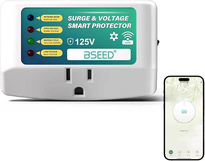 BSEED Smart Surge Protector for Home Appliance, Smart Voltage Protector with Light Indicator, Smart Plug with APP Control, Energy Monitoring, Wall Mount Power Suppressor for Refrigerator/TV/PC