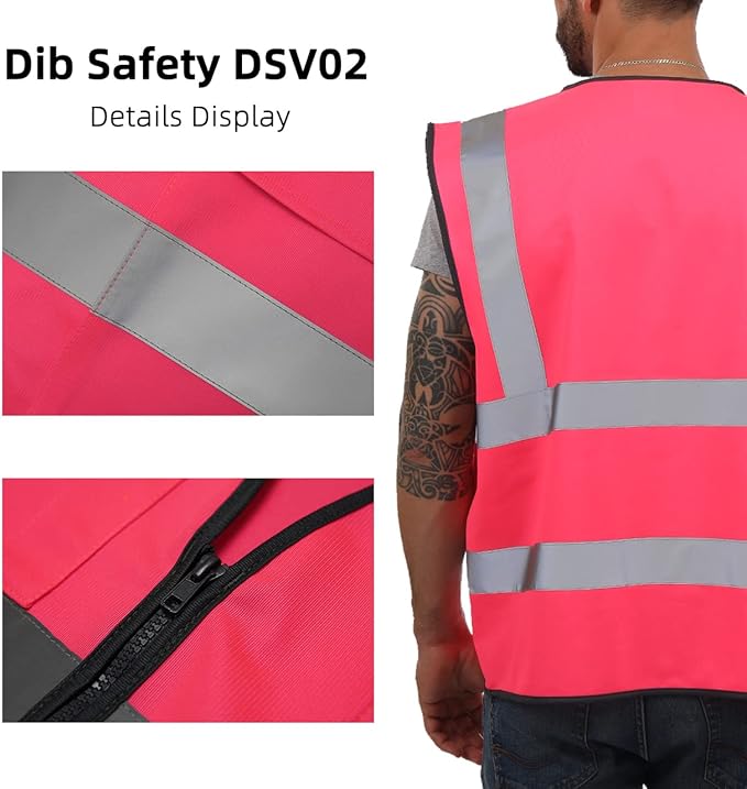 Dib Safety Reflective Vest ANSI Class 2, High Visibility Vest with Pockets and Zipper, Construction Work, Hi Vis