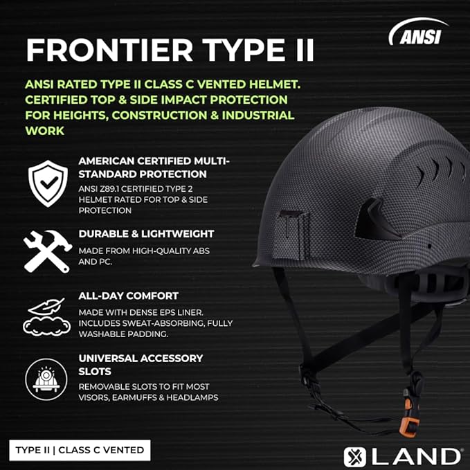 Land Helmets Frontier Type 2 Class C Vented Safety Helmet - ANSI/ISEA Z89.1 Type II OSHA Compliant Hard Hat. Used in Construction, Arbor, and Industrial Work.