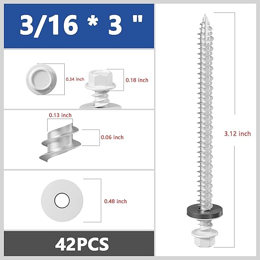 # 3/16 * 3" 42PCS 1lbs White Hexagonal Metal Sheet roof Screws,#10 * 3 with EPDM washers and Hexagonal self Tapping, Used for Metal to Wood, Corrugated Roofs.5 * 75mm