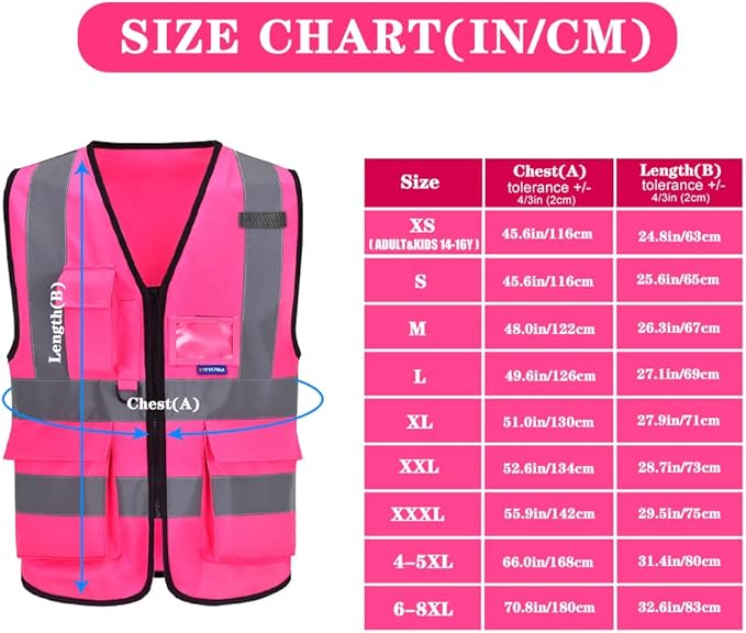 6XL 7XL 8XL Pink Safety Vest with pocket, Pink 6XL-8XL