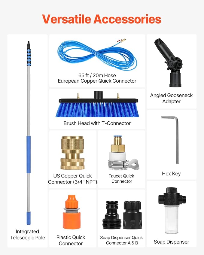 VEVOR Water Fed Pole Kit, 36FT Solar Panel Cleaning Pole with Extendable Handle, 180° Rotatable Brush Head & 65.6FT Hose, Household & Outdoor Window Cleaner Tool for Caravan Solar Panel Deck
