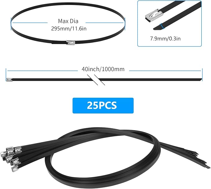 Metal Zip Ties Black 40 inch 408LB 25pcs Heavy Duty 304 Stainless Steel Epoxy Coated Locking Cable Exhaust Wrap Multi Purpose Binding for Machinery, Vehicles, Farms, Cables, Pipes,Fence