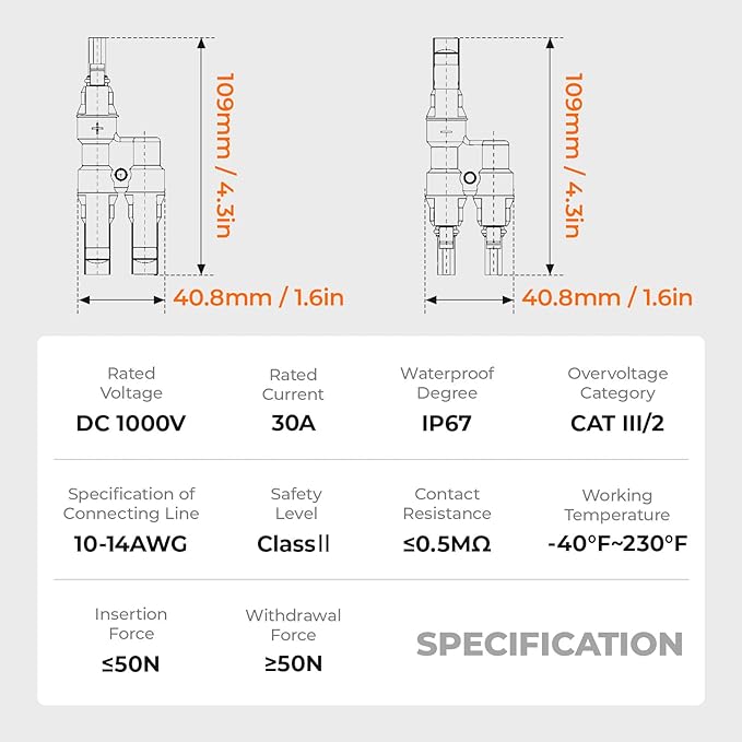 Solar Panel Connector 2 to 1 Solar Y Branch Solar Panel Splitter 2 Way 1000V FMM+MFF Y Branch Solar Panel Parallel Connectors for Parallel Connection Between Solar Panels (1 Pair 2 to 1)