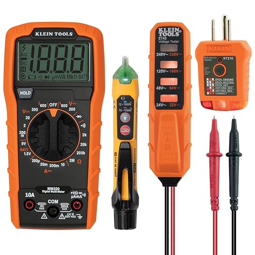 Klein Tools MM320KIT Digital Multimeter Electrical Test Kit, Non-Contact Voltage Tester, Receptacle Tester, Carrying Case and Batteries