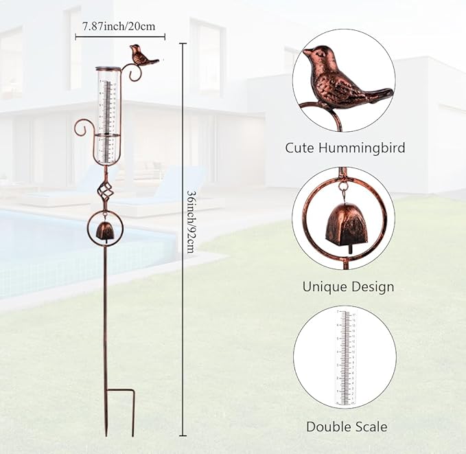 Rain Gauge Outdoor, Hummingbird Rain Gauge, 7 Inch Tube Decorative Rain Measure Gauge, Metal Rain Measure Tool with Bell for Garden, Lawn, Patio