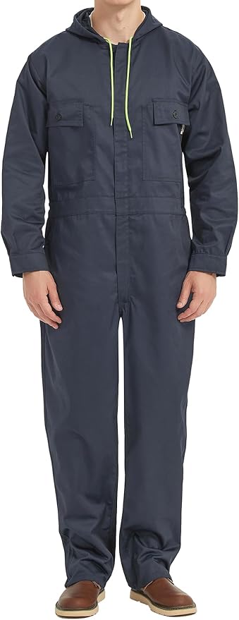 Mens Cotton Blend Long Sleeve Coverall Multi Pockets Zip Overall Mechanic Work Jumpsuit with Hood