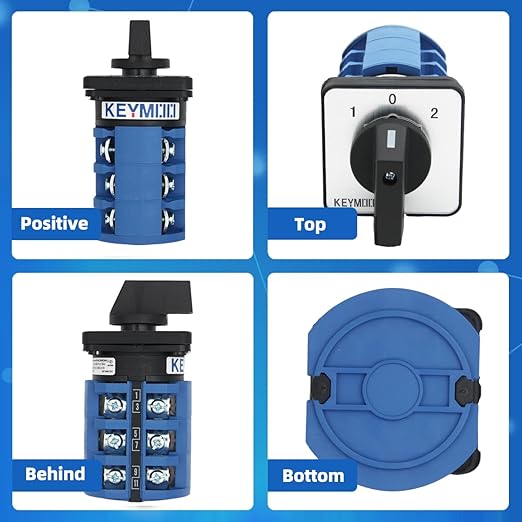 63A Rotary Change-Over Switch with Copper Cable Connector, 660V 3 Position 3 Phase 12 Terminals, Universal Selector Switch with AWG 12-6 Wire Open Lugs, Cam Switch 63/D303.3