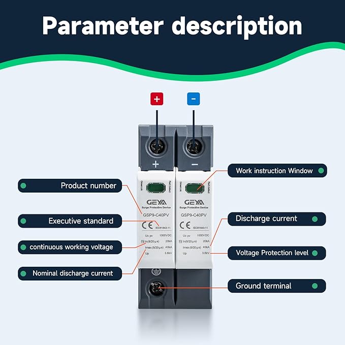2PCS 2P 40KA Voltage Surge Protector DC 1000V Solar PV Lightning Arrester Device for Rv, Home Lightning Protection System 35mm DIN Rail Mount