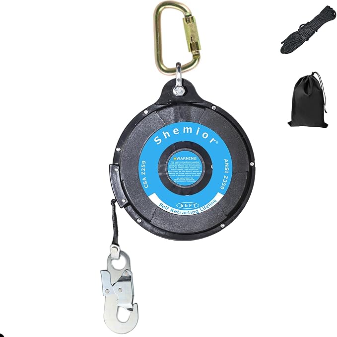 66FT Self Retracting Lifeline, Shemior No Tangle Lightweight Housing Web SRL, Self Retractable Safety Lanyard, Fall Arrest Protection PPE Gear for Roofing Construction, OSHA/ANSI Compliant