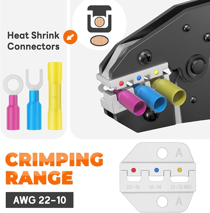 Crimping Tool For Heat Shrink Connectors - AWG 22-10 Ratcheting Wire Crimper Tool - Ratchet Wire Terminal Crimping Pliers - Available For Insulated Nylon Electrical Wire Connectors
