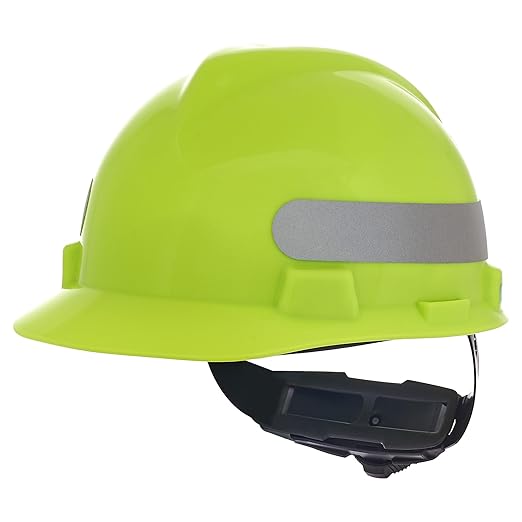 MSA 10102194 V-Gard Cap Style Safety Hard Hat With Fas-Trac III Ratchet Suspension | Polyethylene Shell, Self Adjusting Crown Straps - Standard Size in Hi-Viz Yellow Green/Silver Stripe