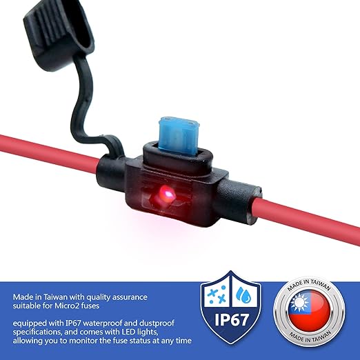 Waterproof in-line Micro2 LED Fuse Holder,12 AWG for Automotive, Marine（5 Pack）