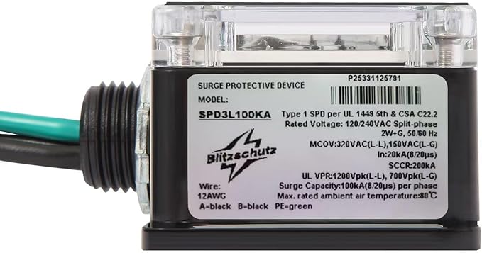 Whole House Surge Protector,HVAC Surge Protector, 200K Amps(SCCR),100KA(Surge Capacity per Phase),Single-Phase(or Split Phase),3-Wire for 120/240V