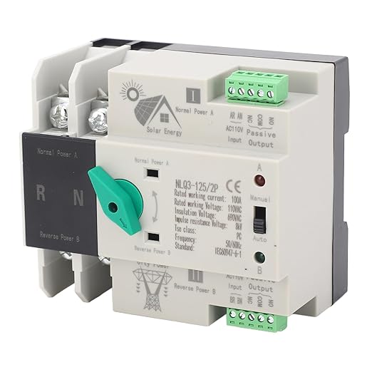Power Automatic Transfer Switch 2P 110V 100A Mini ATS Generator Changeover Switch for Emergency Backup Power Transfer Din Rail Mount