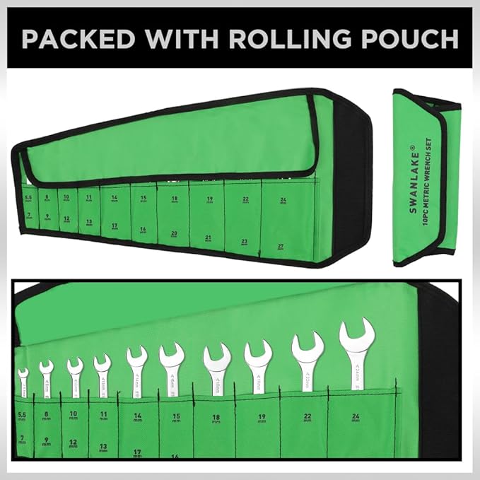 SWANLAKE 10-Piece Metric Super-Thin Open End Wrench Set, Carbon Steel, 5.5, 7, 8, 9, 10, 11, 12, 13, 14, 15, 16, 17, 18, 19, 20, 21, 22, 23, 24, 27mm, Slim Spanner Set with Rolling Pouch