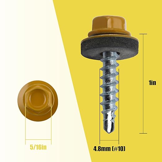 300pcs #10 x 1 Yellow Hex Head Self-Drilling Metal Roofing Screws, EPDM Washer, Colored Head, Wood Screws, Sheet Metal Roof Screw with Hex Driver Bit (Yellow, 1 in)