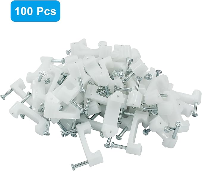 Biaungdo 100 Pcs Cable Wire Clips with Two Steel Nails, 16mm White Cable Clips Nail Management Nail-in Clamps Wall Wire Cable Fasteners for Ethernet Cord, Cable(8mmx2)