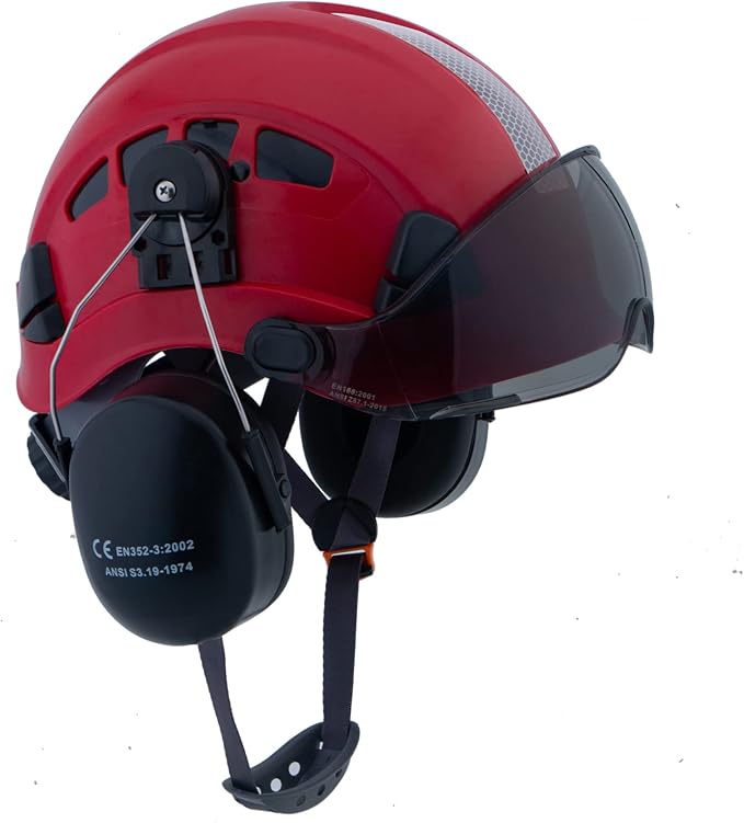 LOHASPRO Arborist Forestry Helmet Safety Hard Hat with Visor and Ear Muffs for Tree Service Logging Cutting Wood Chainsaw Helmet Garden Work Trimming Mowing(P91 Red+Smoked Visor+Earmuff)