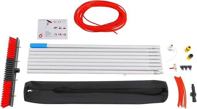 24FT Reach Solar Panel Cleaning Brush Kit, Adjustable Pole Window Cleaning Brush with 180° Rotating Head, 65.6FT Hose Window Washer Tool for Roof, RV, Truck, Car (24ft 13.78x3.15in)
