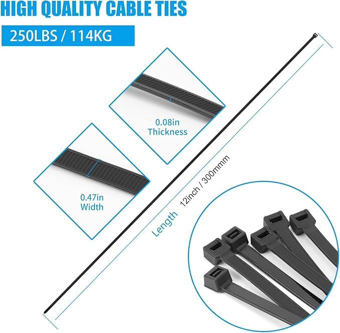 12 inch Gold Zip Ties Heavy Duty 100 PCS, 250 LBS Ultra Exclusive Strong Plastic Wire Ties, Large Cable Ties Extra Long Tie Wraps, Indoor and Outdoor UV Resistant