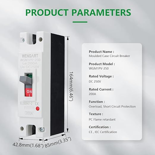 Wengart 200 Amp DC MCCB Circuit Breaker, 250V 1-Pole Molded Case Breaker for High-Capacity Solar Inverters, Battery Bank & Off-Grid Power Systems, WGM1PV-250 Heavy Duty DC Protector