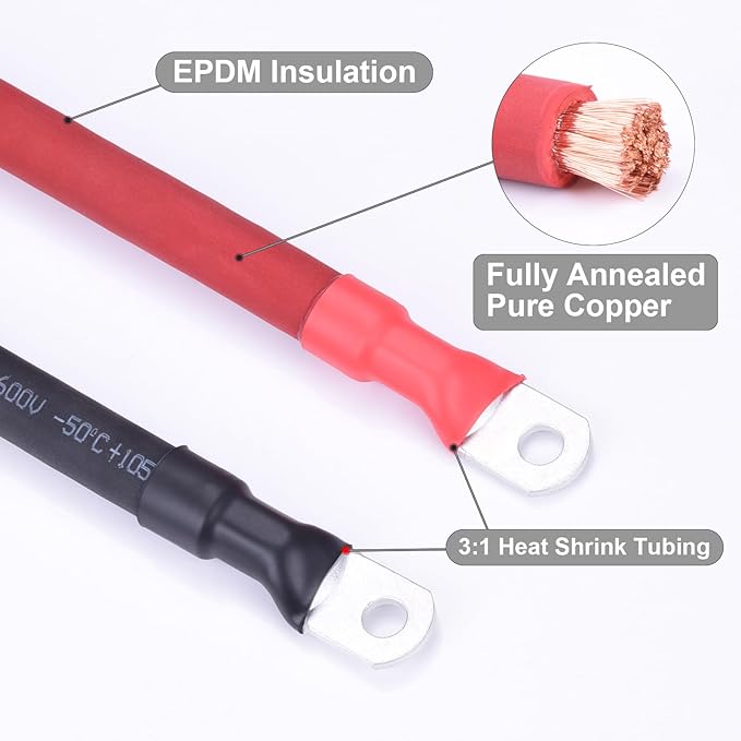 1/0 AWG Flexible Battery Cable with 3/8" Terminals - OFC Pure Copper Inverter & Welding Wire for Automotive Solar RV Motorcycle (Red + Black 1.5FT Pair)