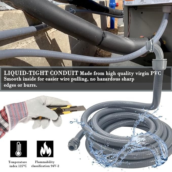 Liquid-Tight Conduit - 1/2inch 75 Foot Flexible Non Metallic Liquid Tight Electrical Conduit Kit, With 6 Straight and 5 90-Degree Conduit Connector Fittings.1/2" Dia